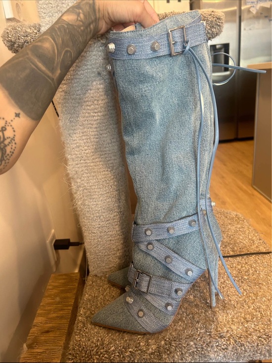 Steve Madden Shoes - Steve Madden Denim-Stretch Pointed Knee-High Boots - Light Blue